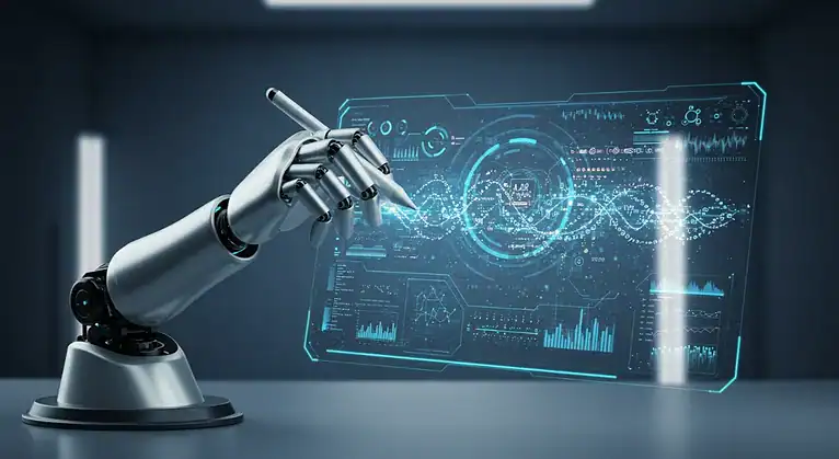 AI Writing Technology: Robot hand interacting with digital data display.